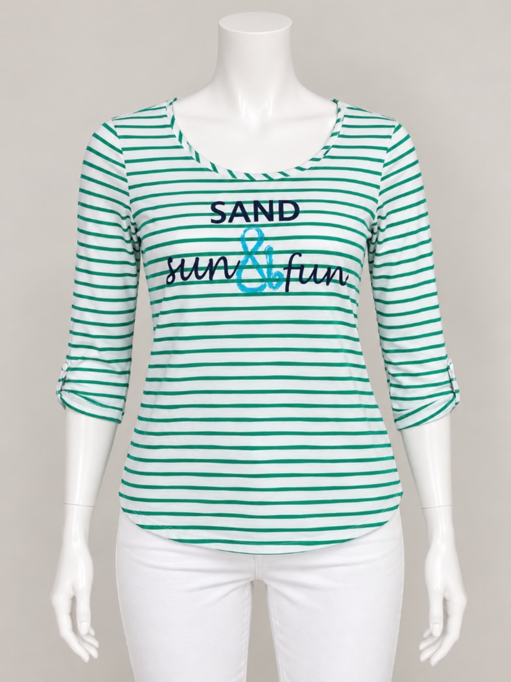 Zenergy by Chico's Green Striped Sand Sun & Fun Graphic Tee Top Size 0 (4/6) S